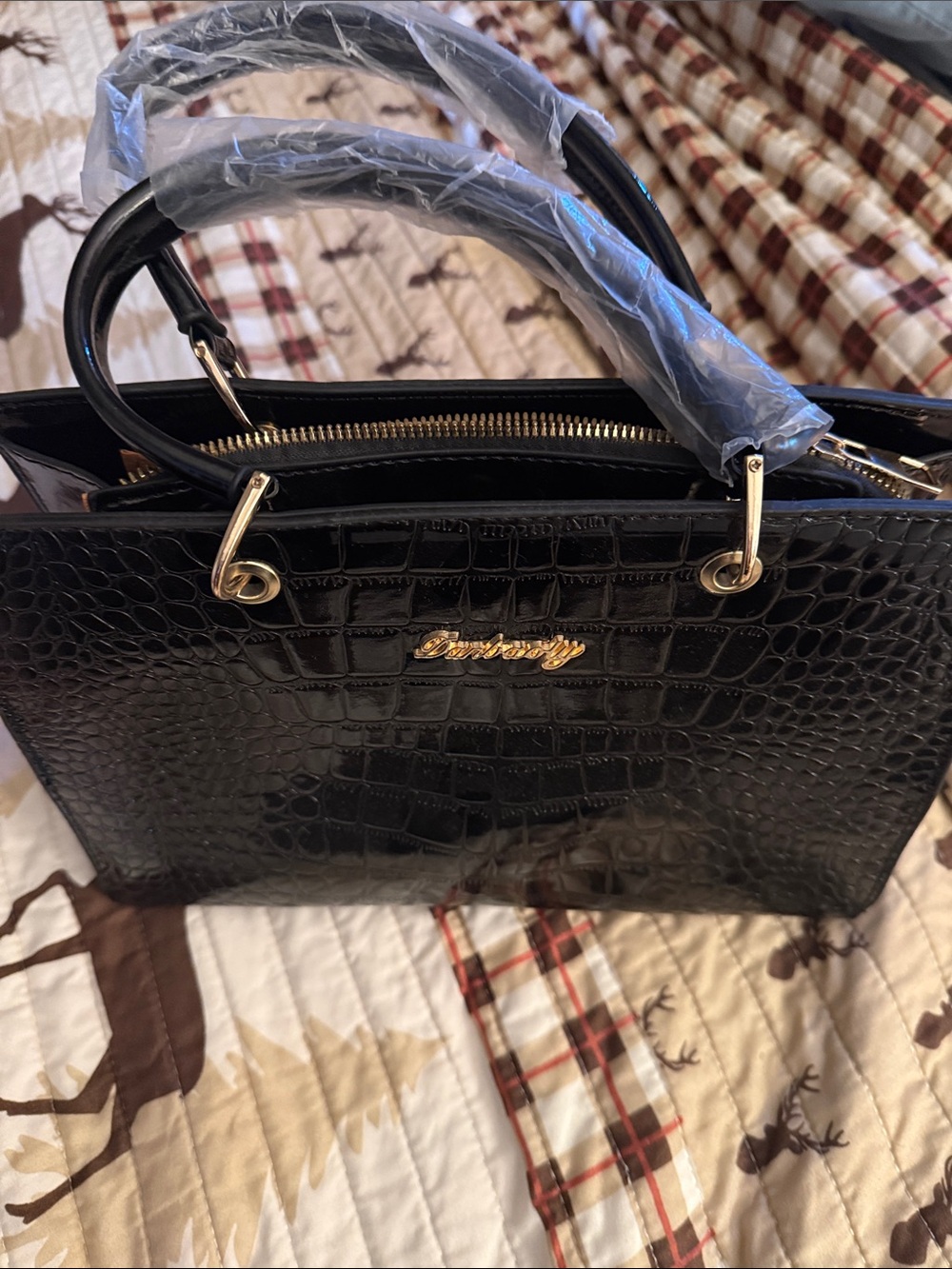 Croc-Embossed Black Satchel Handbag with Gold Hardware